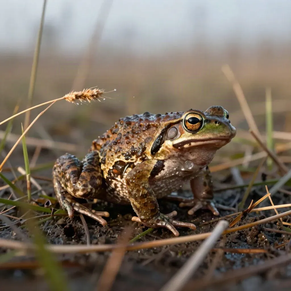Moorfrosch springt im braunen Gras im ersten Sonnenlicht, bodennah und feucht.