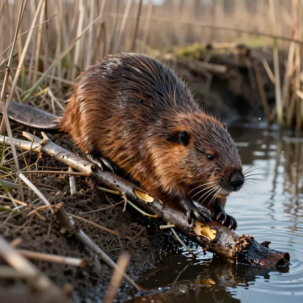 Biber zieht einen nassen Stamm an einen niedrigen Damm im ruhigen Grabenwasser.