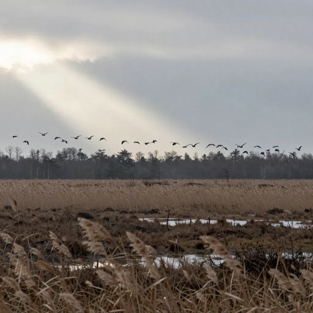 Kranichschwarm über dem Moor mit Wind und Wolkenlücke, weites Himmelspanorama.