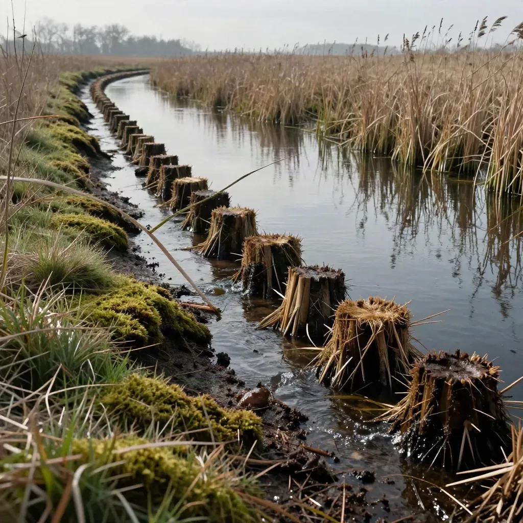 Schmaler Entwässerungsgraben mit Schilfrest, stillen Wasserstreifen und heller Uferkante im Wind