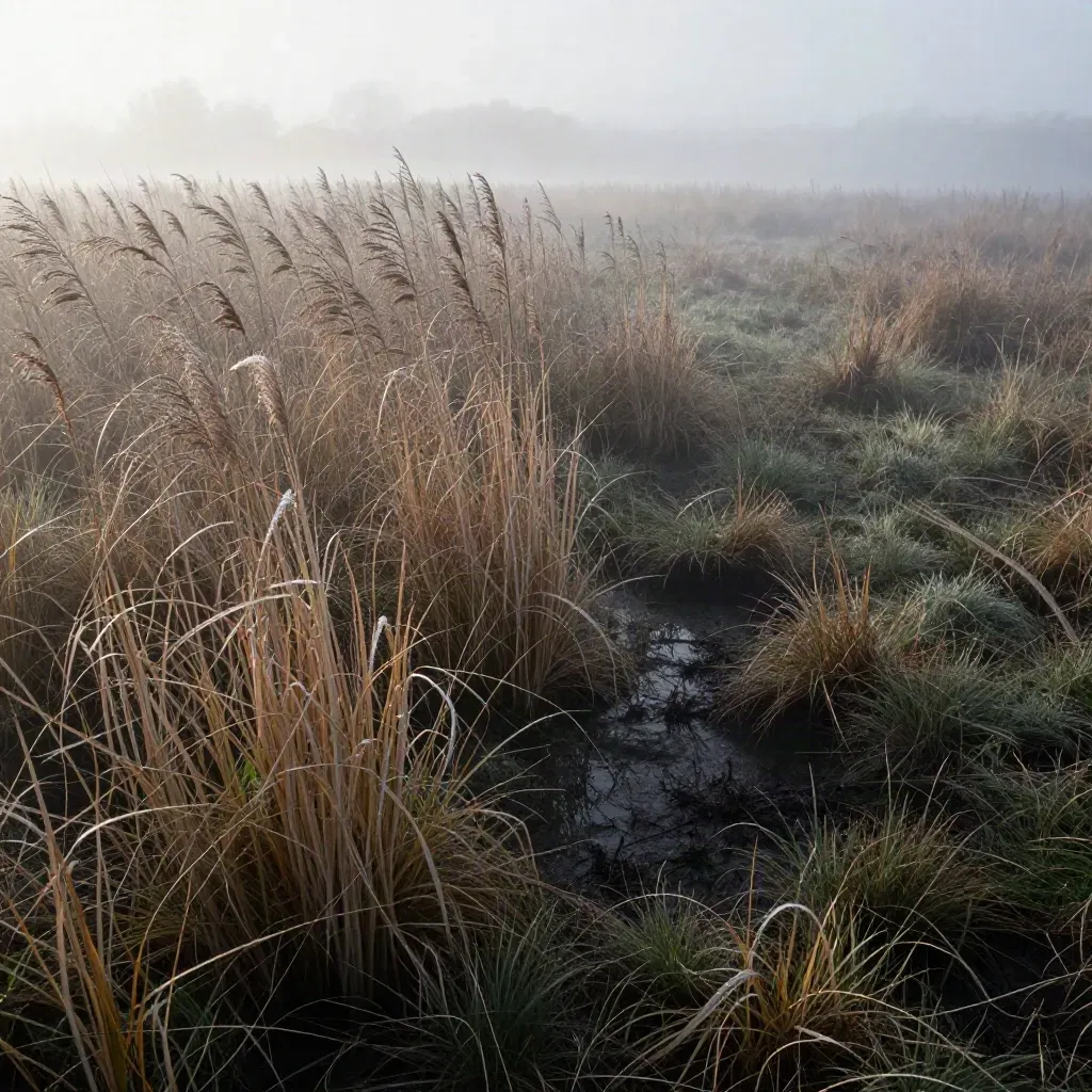 Nebel über einer feuchten Wiese mit Tautropfen und dunkler Senke im Morgenlicht
