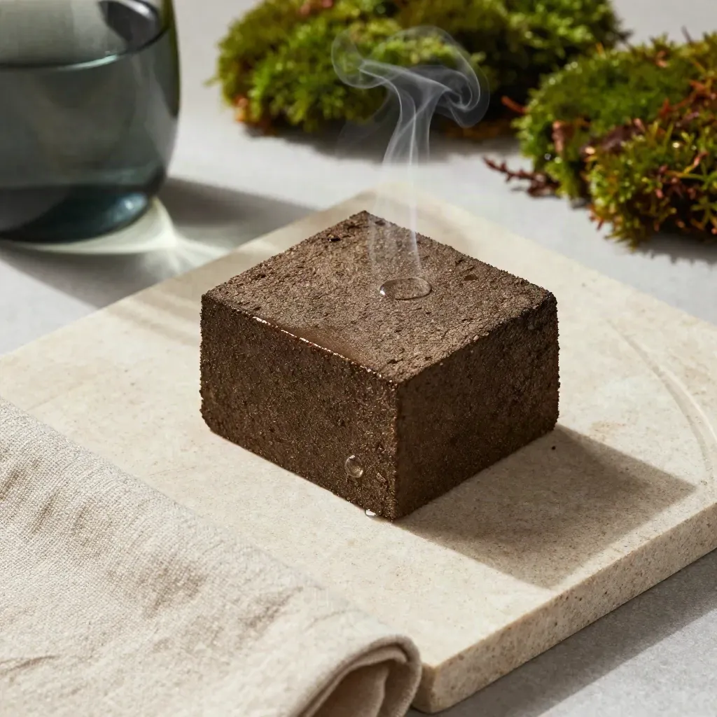 Torfblock, dunkles Moorwasser, Sphagnum und Leinentuch auf hellem Stein von oben.