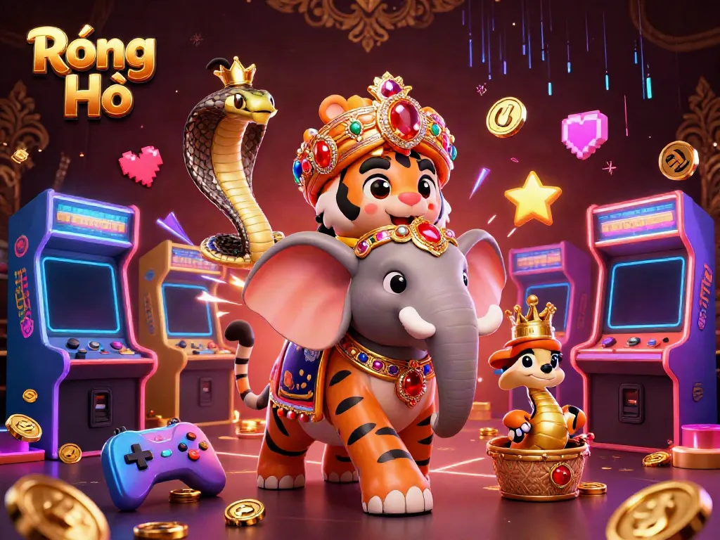 Experience thrilling Rồng Hổ gameplay in a vibrant 3D casino digital illustration with dynamic characters.