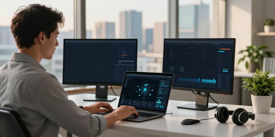 快连 user working efficiently on a laptop with dual monitors, showcasing advanced connectivity.