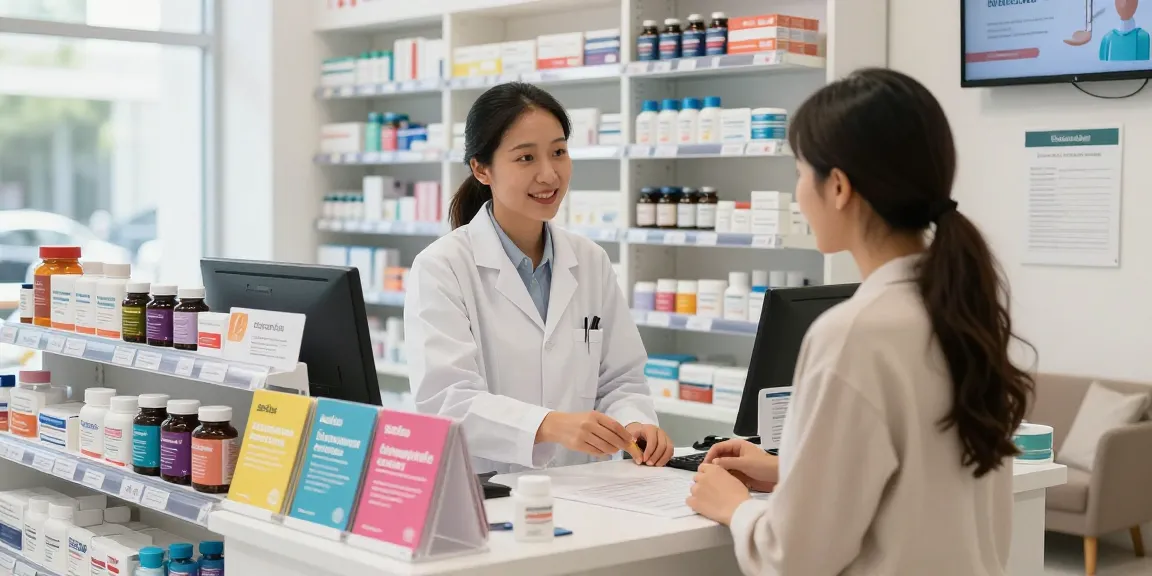 Im modernen Selliza Pharma Shop helfen Apotheker Kunden beim Kauf von hochwertigen pharmazeutischen Produkten.