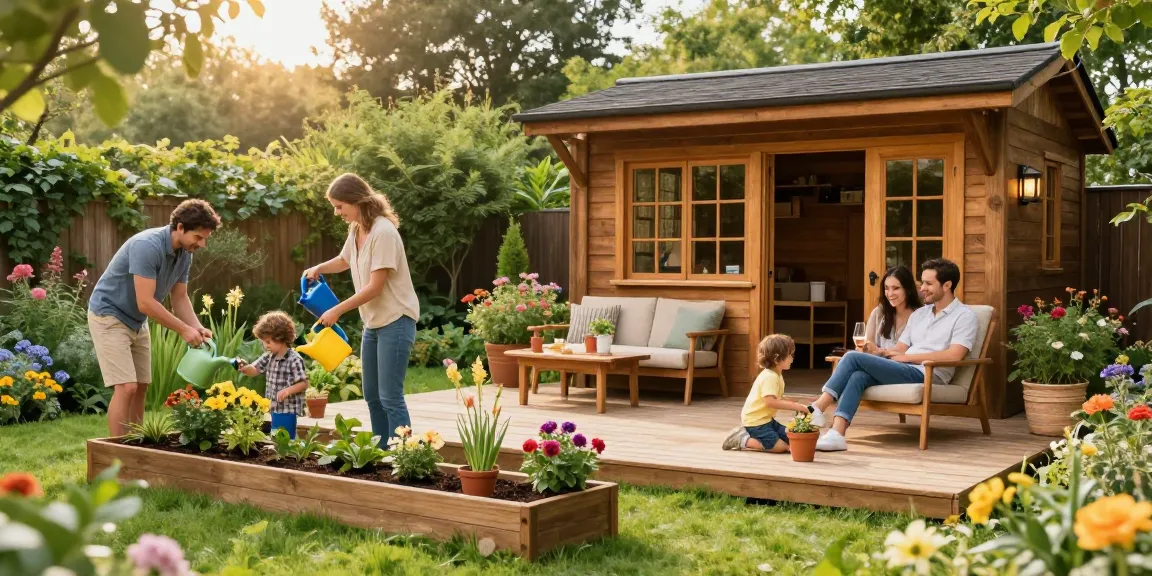 Gartenhaus kaufen: Familie genießt Aktivitäten im Garten mit einem schönen Holz-Gartenhaus im Hintergrund.