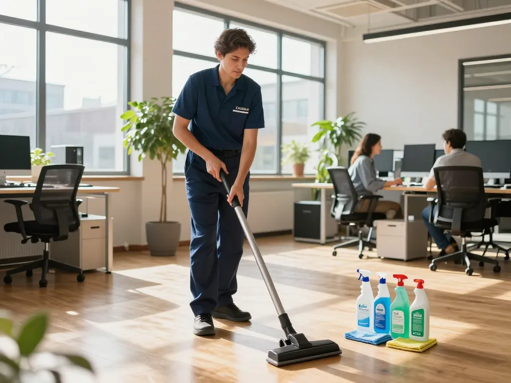 Unterhaltsreinigung in Münster, dargestellt in einer hellen Büroszene mit professionellem Personal, das Hygiene und eine produktive Umgebung gewährleistet.