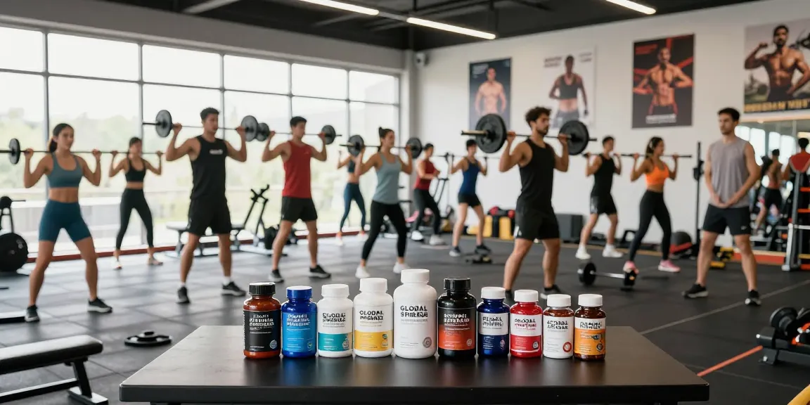 Global Pharma Steroids in einem modernen Fitnessstudio mit aktiven Athleten.