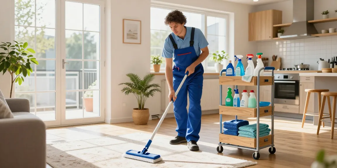 Efficient wohnungsabgabe reinigung service in a bright living room with professional cleaner at work.