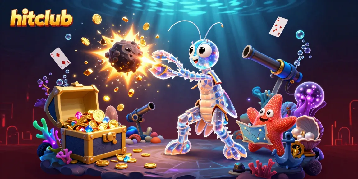 Experience the thrill of hitclub with a vibrant 3D illustration of a galactic mantis shrimp amidst treasure, showcasing excitement in online gaming.