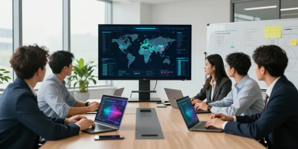 Professionelle IT-Sicherheitsdienstleister analysieren Cyberbedrohungen in modernem Büro.