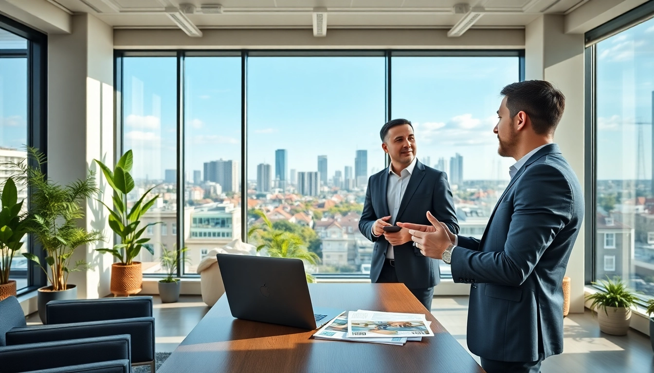 Immobilienmakler Frankfurt Eschersheim berät in modernem Büro mit Skyline im Hintergrund.