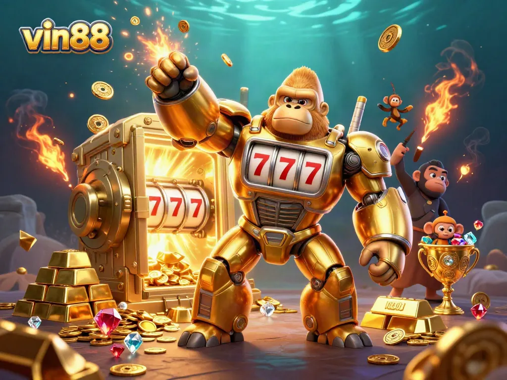 Experience the excitement of vin88 with a vibrant golden gorilla mech and treasures in a thrilling casino scene.