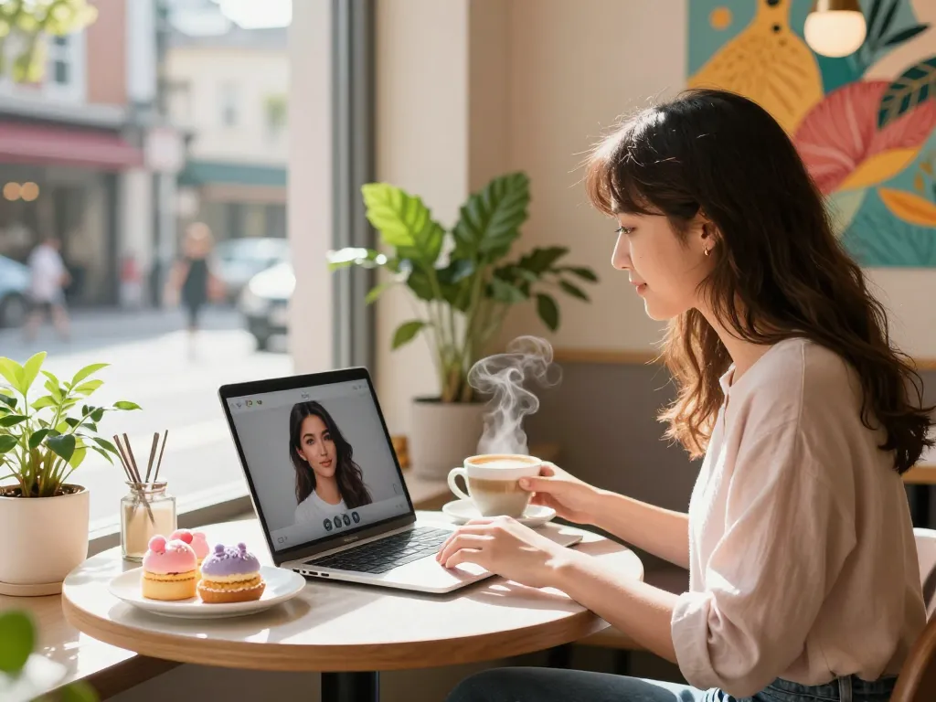 A young woman using her laptop to chat with her girlfriend AI in a cozy café setting, surrounded by pastries and warm sunlight.