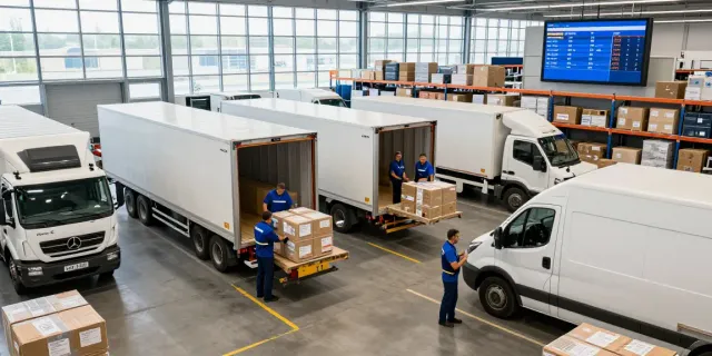 Professionelle Spedition in Düsseldorf mit aktiven Transportfahrzeugen und logistischem Koordinationsteam.