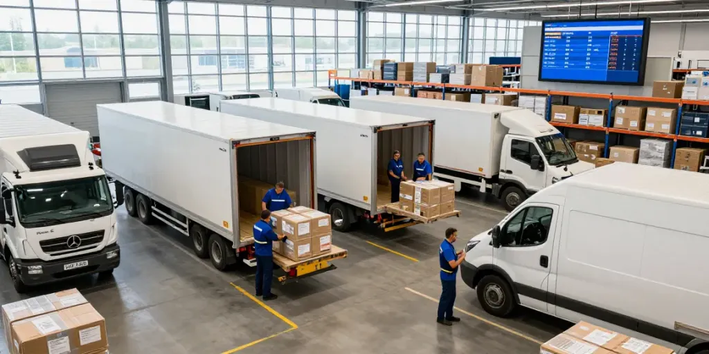 Professionelle Spedition in Düsseldorf mit aktiven Transportfahrzeugen und logistischem Koordinationsteam.