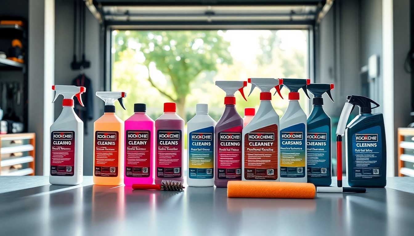 Koch Chemie Produkte auf einem Werkbank im professionellen Auto-Reinigungsszenario anordnen.