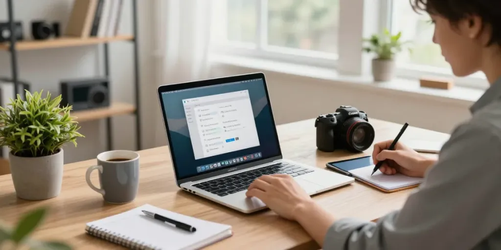 Ein modernes Home-Office mit Office 2024 Home Anwendungen, Laptop und Notizbuch für kreative Arbeit.