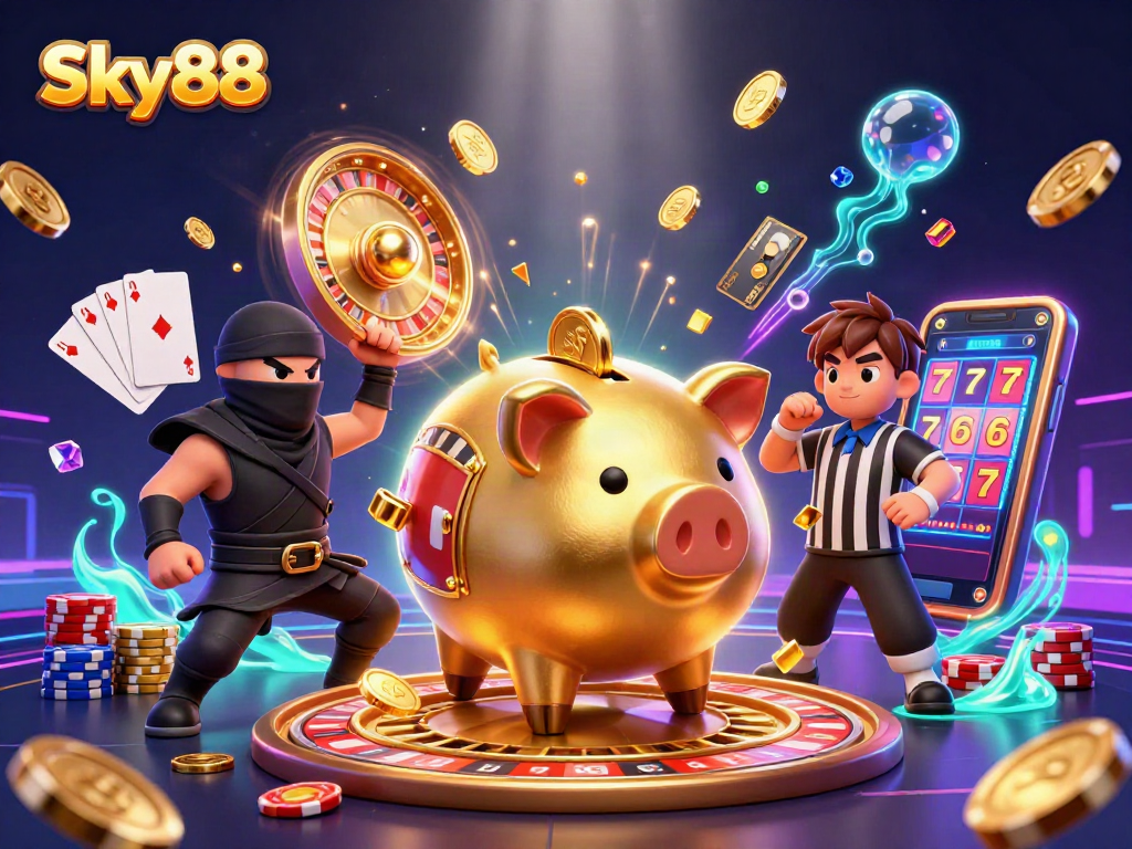 Experience cascading coins and dynamic action with Sky88's vibrant casino scene.