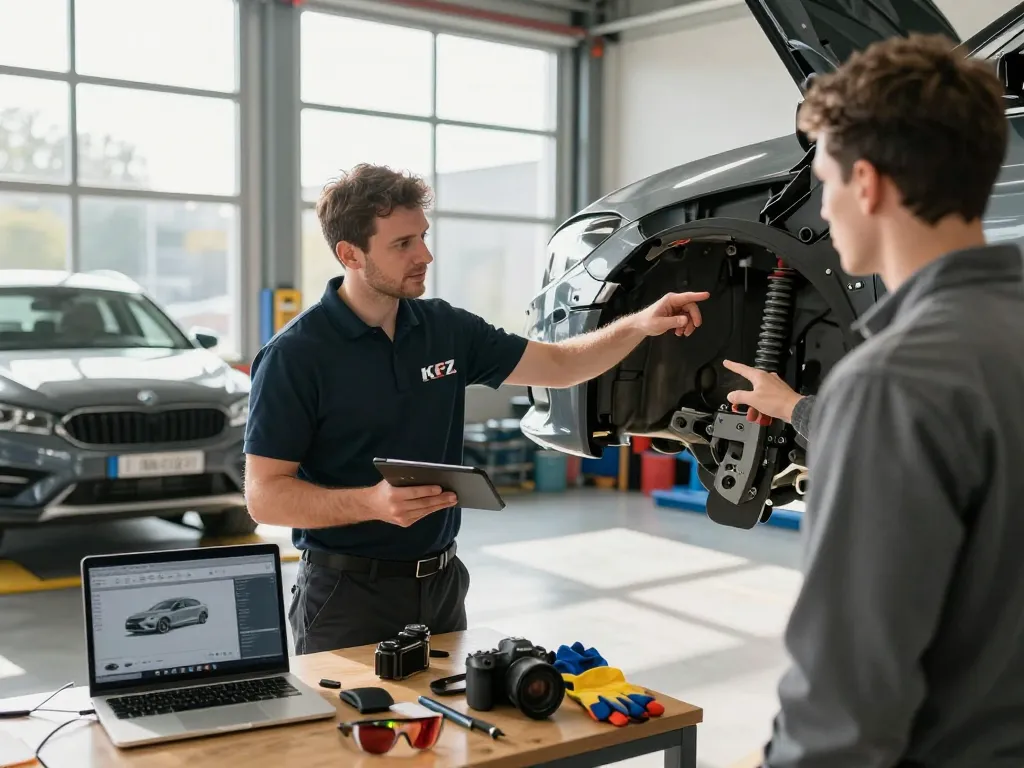 Kfz Sachverständiger Bonn bewertet Fahrzeugschäden in einer professionellen Werkstattumgebung.