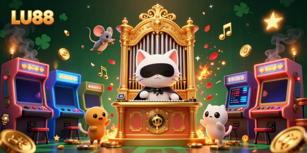 Experience the excitement of LU88 with vibrant casino characters and gaming elements in a dynamic 3D illustration.
