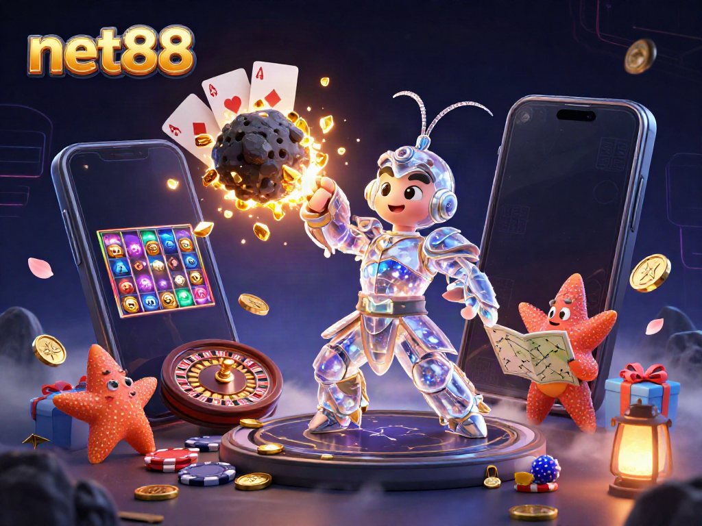 Engage with net88's vibrant casino universe featuring dynamic gaming characters and casino elements.