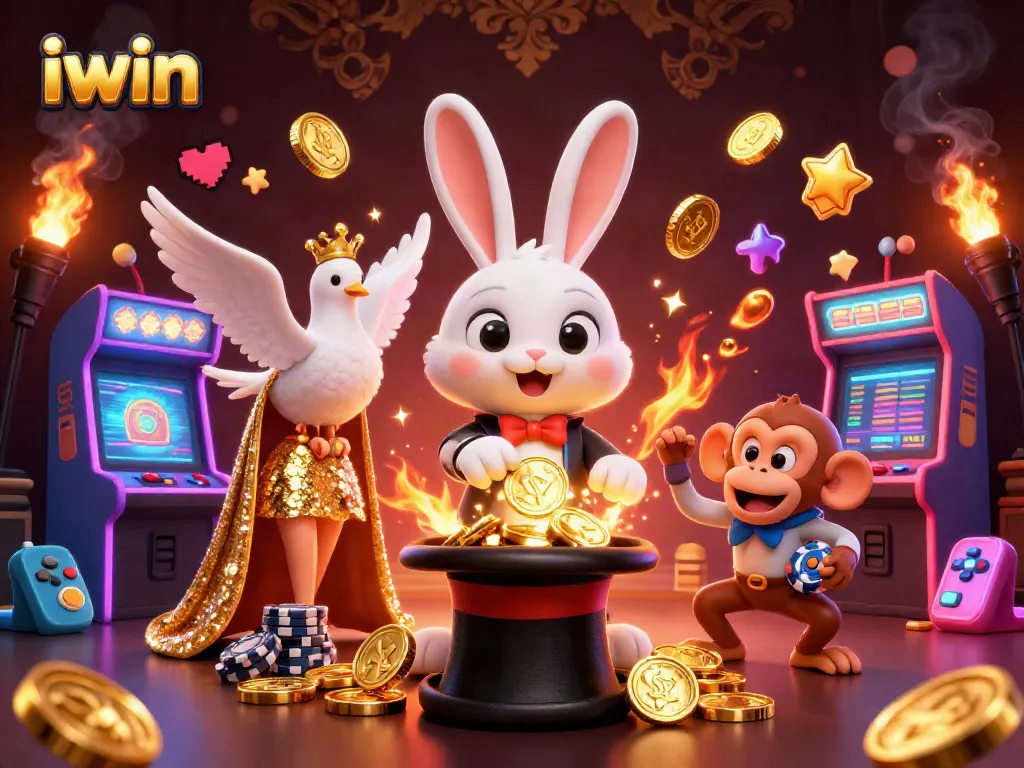 Engage in iwin gaming with a 3D magician rabbit, a dove, and a monkey amidst vibrant casino elements.