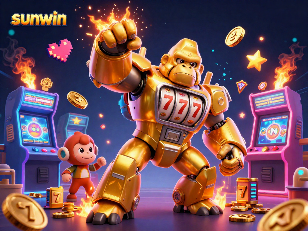 Engage in thrilling gaming adventures at sunwin with a golden gorilla mech and colorful arcade elements.