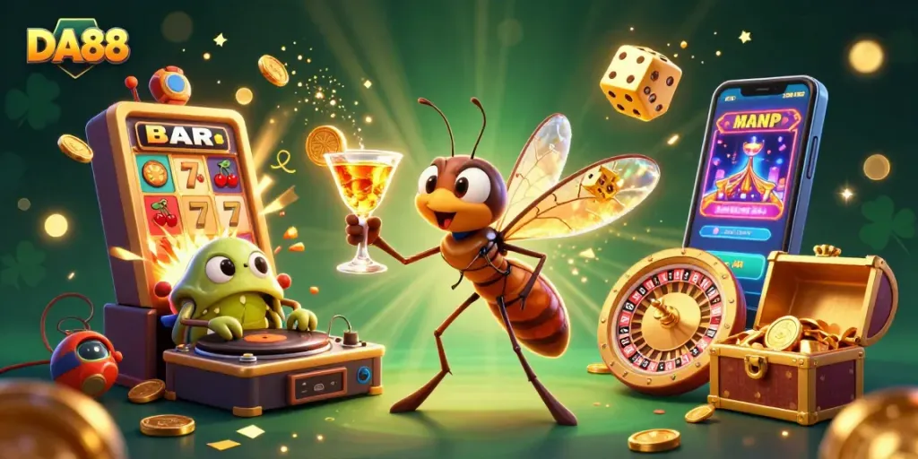Experience DA88's vibrant casino with a lively mosquito mascot and thrilling game dynamics.
