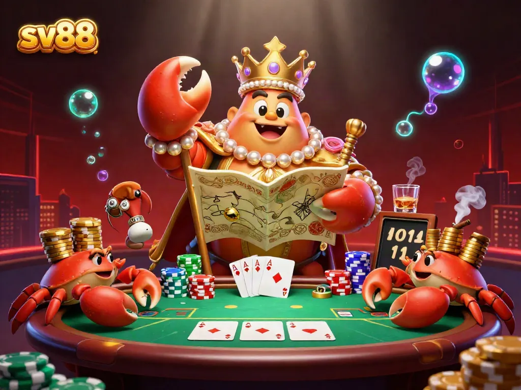 Engage with SV88's vibrant casino world through a lavish illustration featuring a golden crab emperor and dynamic gaming elements.