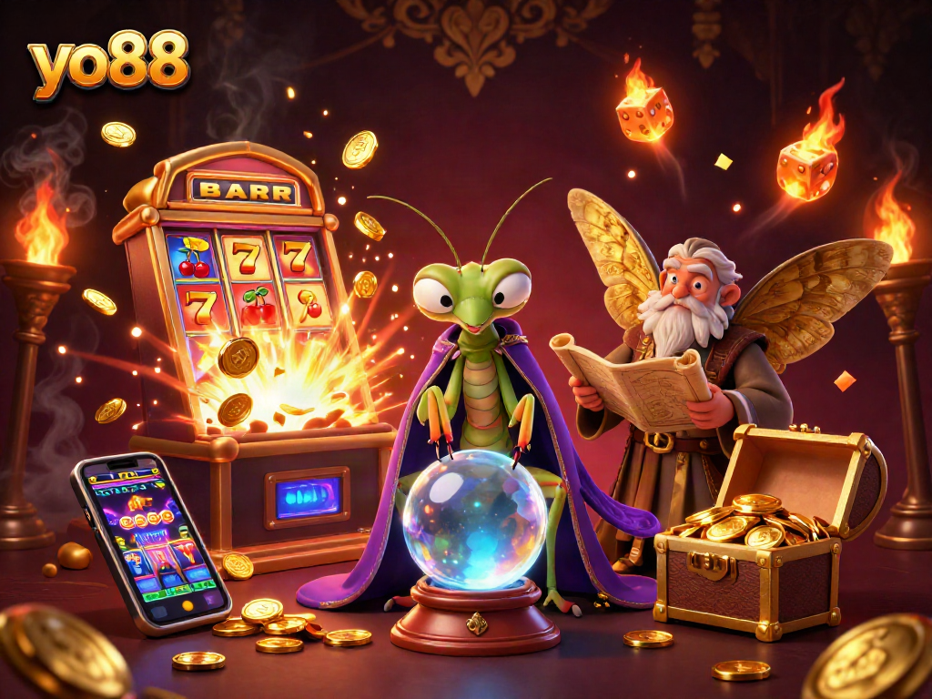 Engage with yo88's thrilling casino games featuring vibrant slot machines and crystal ball fortune telling.