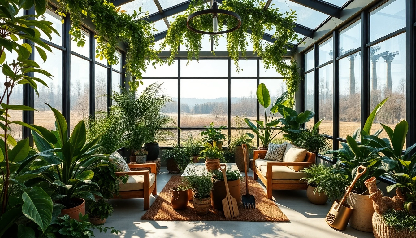Wintergarten mit eleganter Einrichtung und ueppigen Pflanzen, die einladende Atmosphaere schaffen.