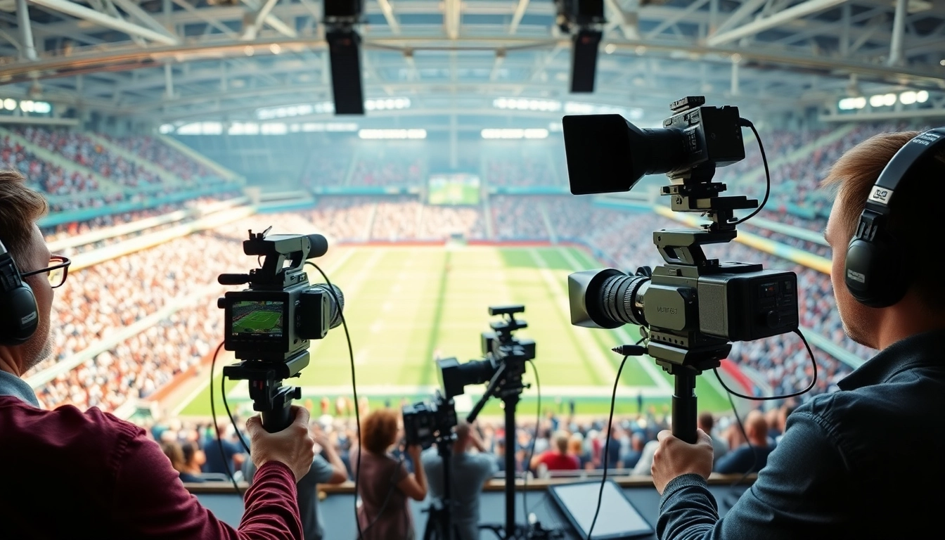 Engaging scene of sports broadcasting with dynamic commentators in action, showcasing the essence of Sports Broadcasting.