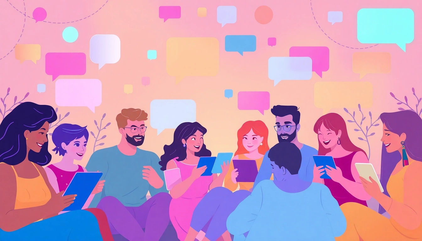 Interactive scene of diverse individuals engaging in sex chat, showcasing warm and inviting online connections.
