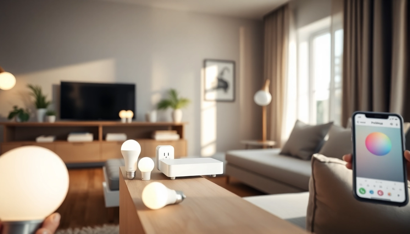 Die Migration der Hue Bridge Pro dargestellt mit intelligenten Lichtern, die in einem modernen Wohnzimmer leuchten.